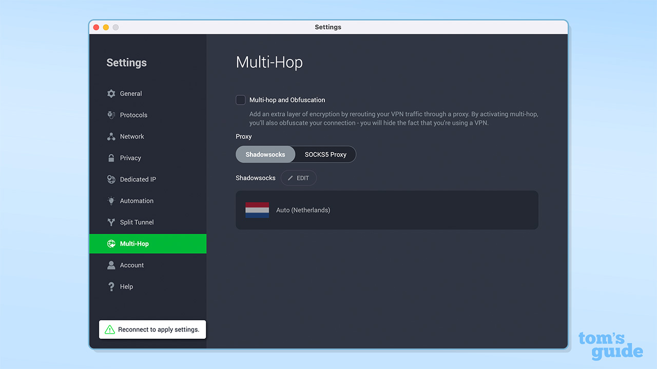 PIA&#039;s settings showing multi-hop options