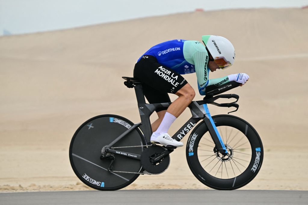 Decathlon AG2R La Mondiale's Swiss rider Stefan Bissegger cycles during the second stage of the UAE Tour cycling race in al-Hudayriyat island in Abu Dhabi on February 18, 2025. (Photo by Giuseppe CACACE / AFP)