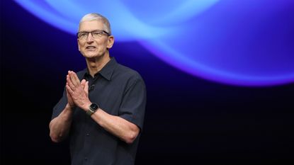 Apple CEO Tim Cook delivers remarks before the start of an Apple event at Apple headquarters on September 09, 2024 in Cupertino, California.