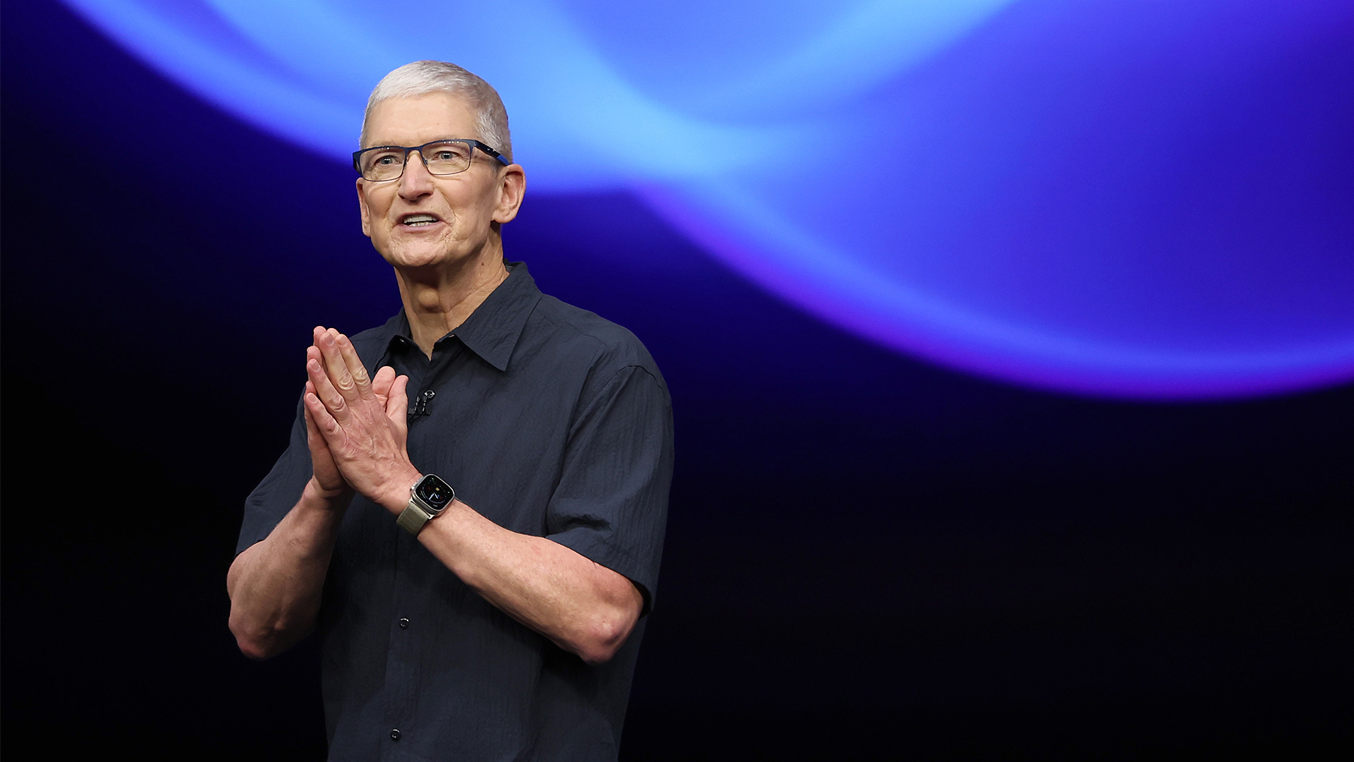 Apple CEO Tim Cook delivers remarks before the start of an Apple event at Apple headquarters on September 09, 2024 in Cupertino, California.