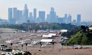 A COVID-19 vaccination site at Dodger Stadium in Los Angeles, California on February 11, 2021.