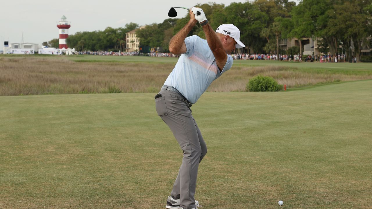 Stewart Cink plays a shot on the 18th in the final round of the 2021 RBC Heritage