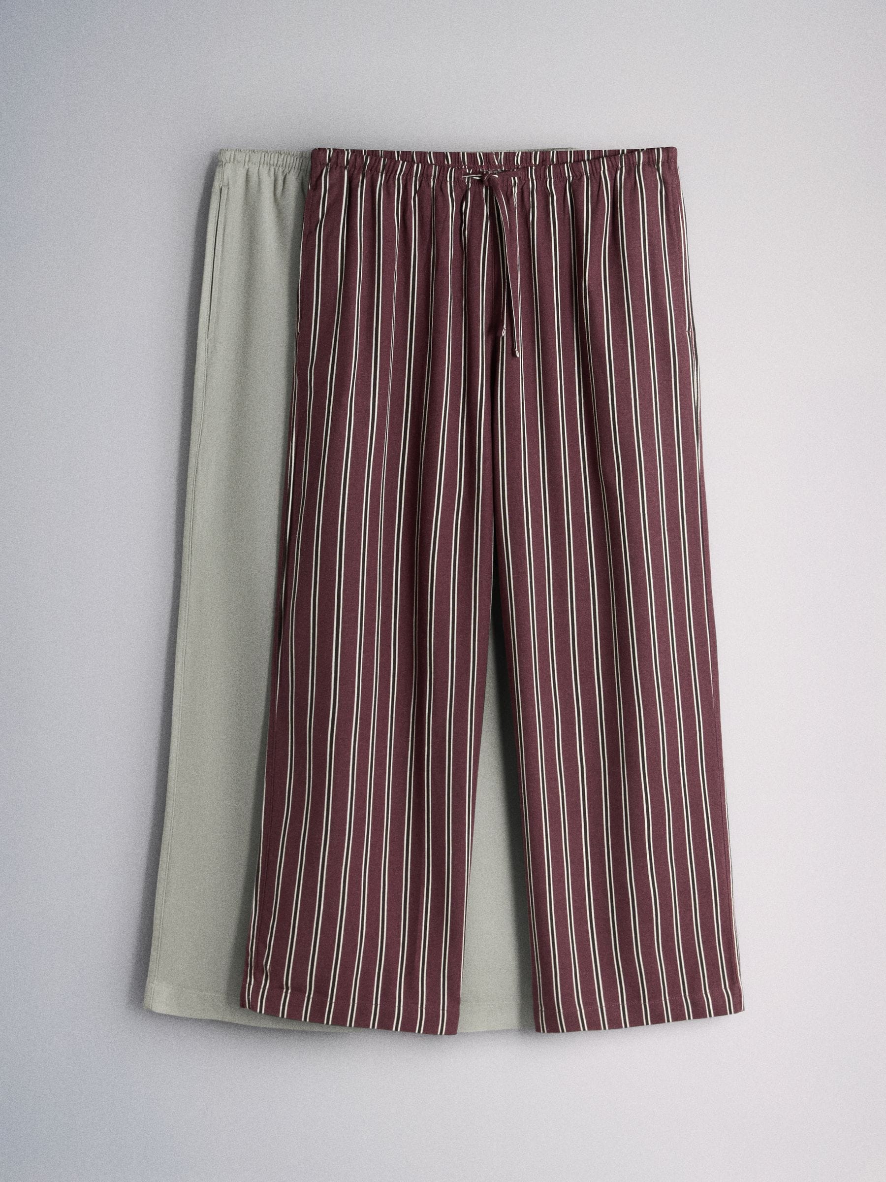 The Set 2 Pack Pull on Wide Leg Trousers With Linen Stone Brown/ Stripe