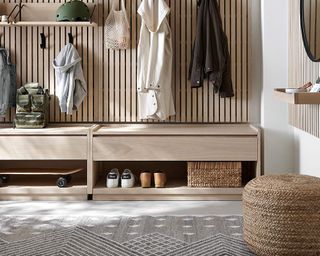 Crate and Barrel storage wall unit in light wood