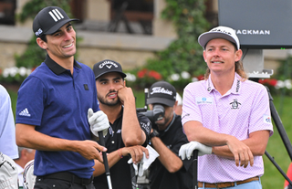 Joaquin Niemann and Cameron Smith on the tee at a PGA Tour event