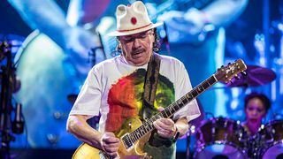  Carlos Santana performs on stage at North Island Credit Union Amphitheatre on June 17, 2022 in Chula Vista, California
