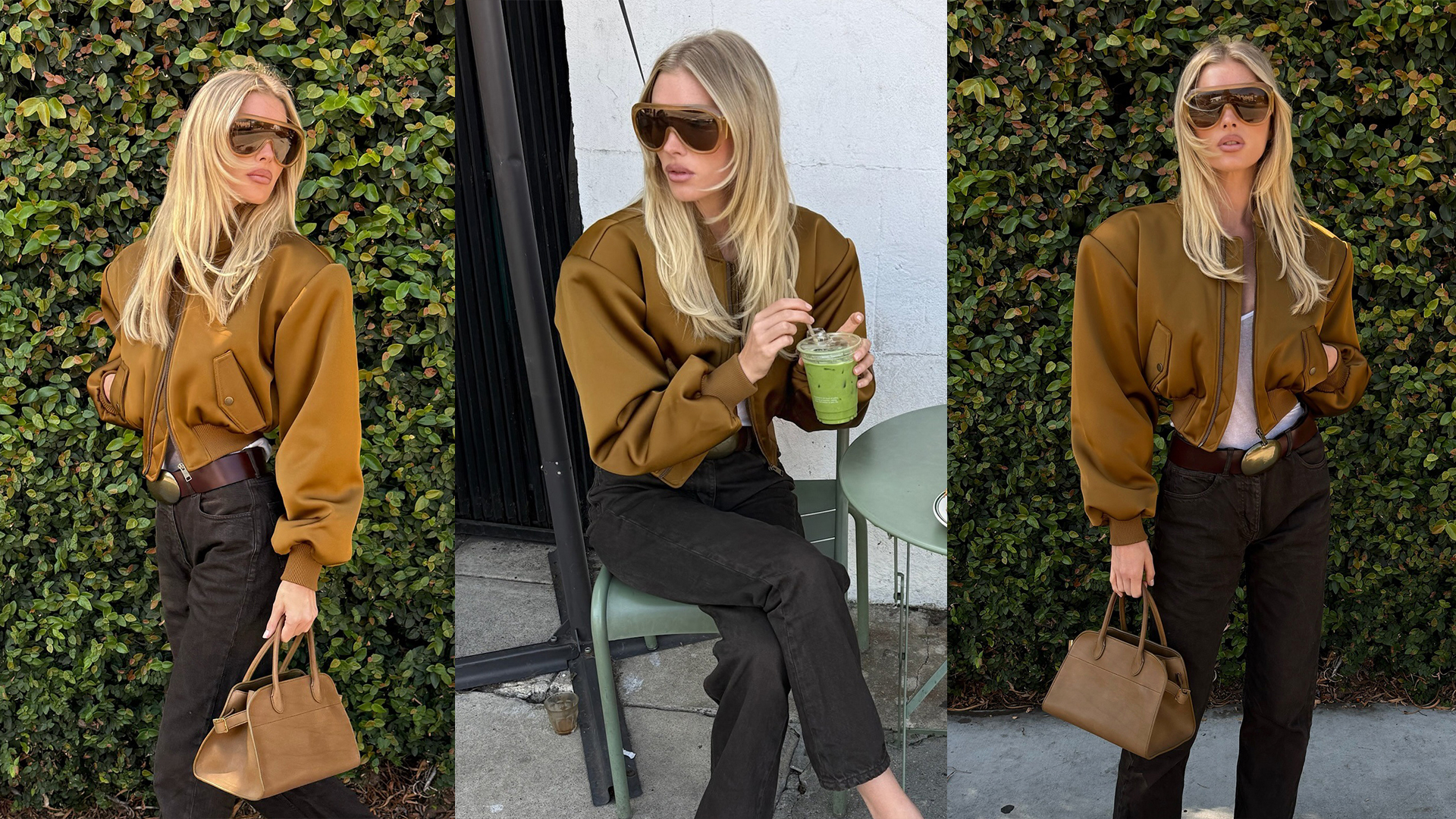 Elsa Hosk wearing a tan bomber jacket, brown jeans, The Row Margaux bag, and olive green shoes