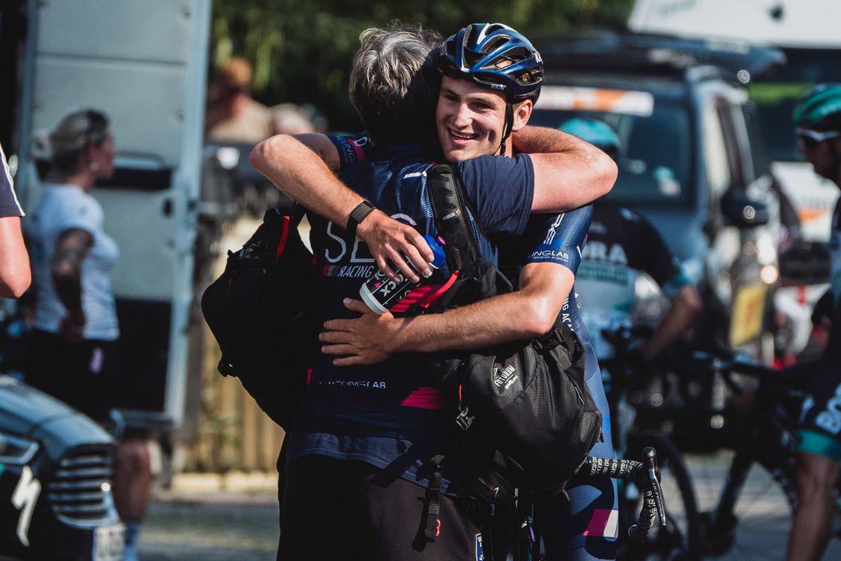 SEG Racing Academy's Jordi Meeus receives congrats from team after win