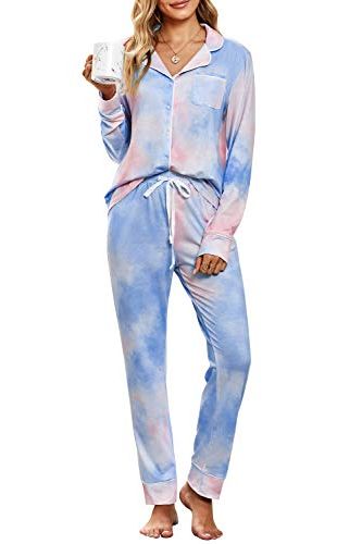 KASIN Women Tie Dye Pajama Set Comfortable Breathable Pajama Short Sleeve Nightwear Set Cotton Pajama 