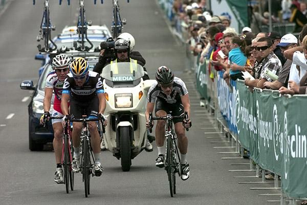 Three of the original seven-man break remained with four laps to go (l-r): Chris Jongewaard, Jack Bobridge and Tasmanian Jai Crawford.