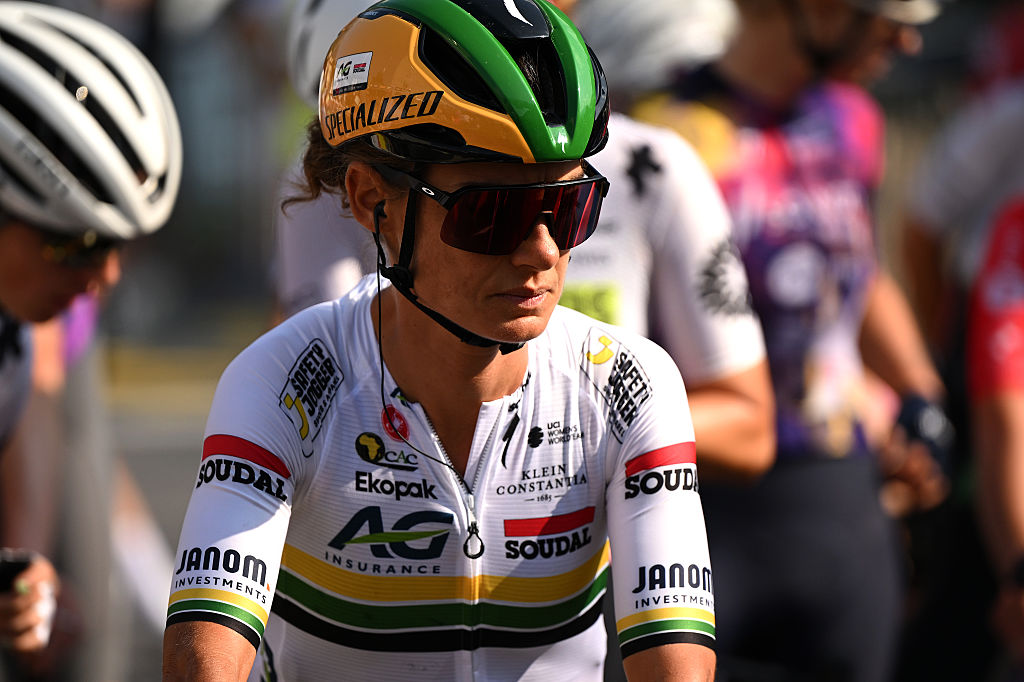 AIGLE, SWITZERLAND - AUGUST 17: Ashleigh Moolman of South Africa and Team AG Insurance - Soudal prior to the 4th Tour de Romandie Feminin 2025, Stage 3 a 122.1km stage from Aigle to Aigle / #UCIWWT / on August 17, 2025 in Aigle, Switzerland. (Photo by Dario Belingheri/Getty Images)