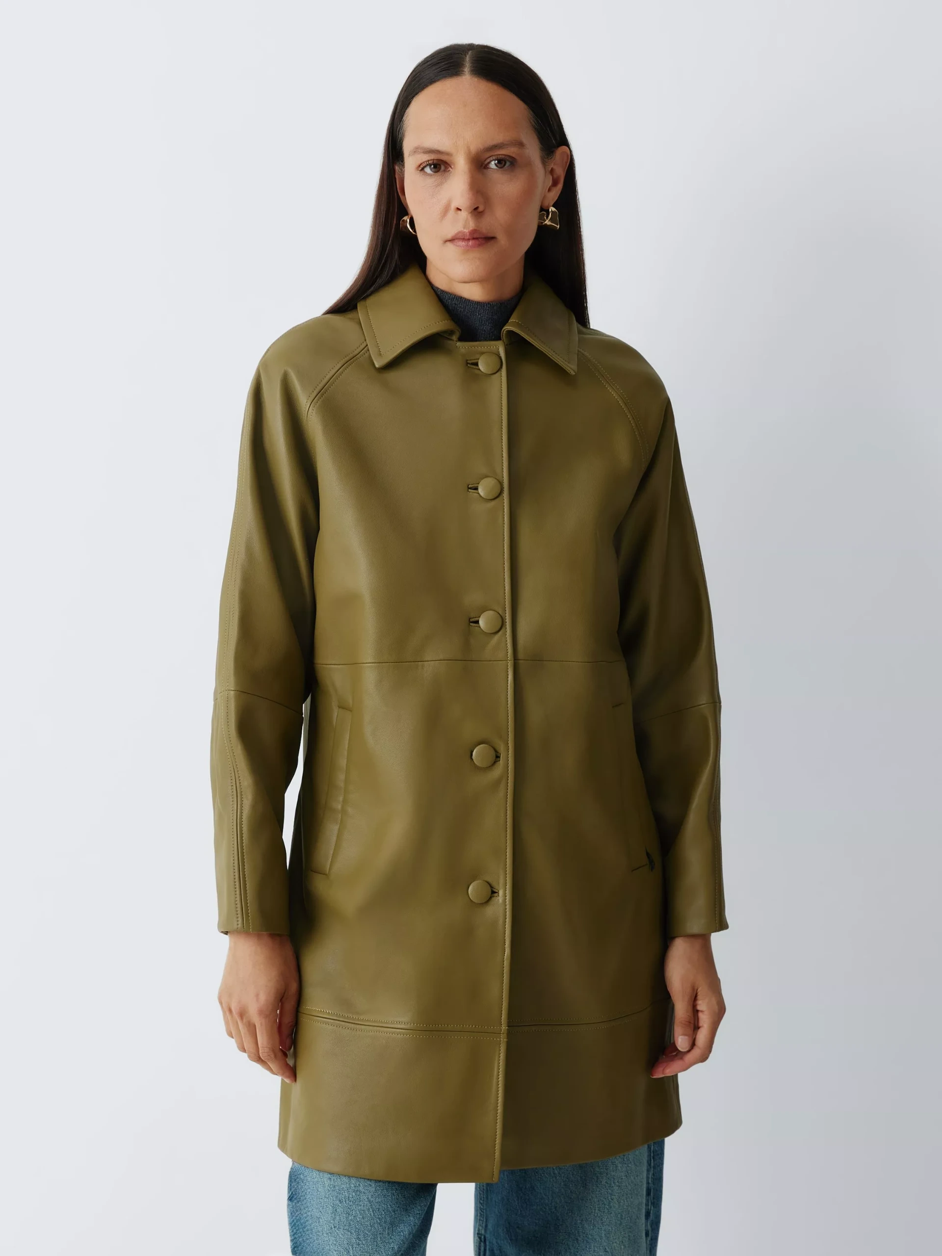 John Lewis Leather Leather Car Coat, Olive