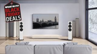Wharfedale Diamond 12.3 speakers in white in a living room with the WHF Black Friday tag