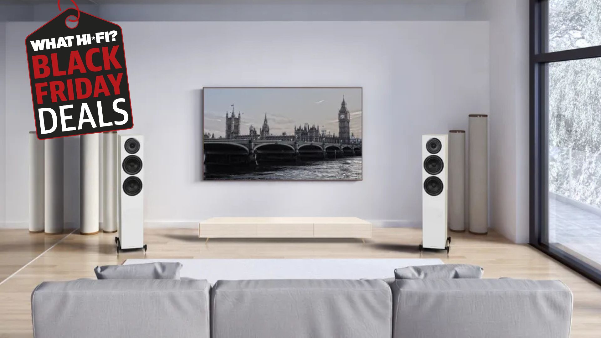 Wharfedale Diamond 12.3 speakers in white in a living room with the WHF Black Friday tag