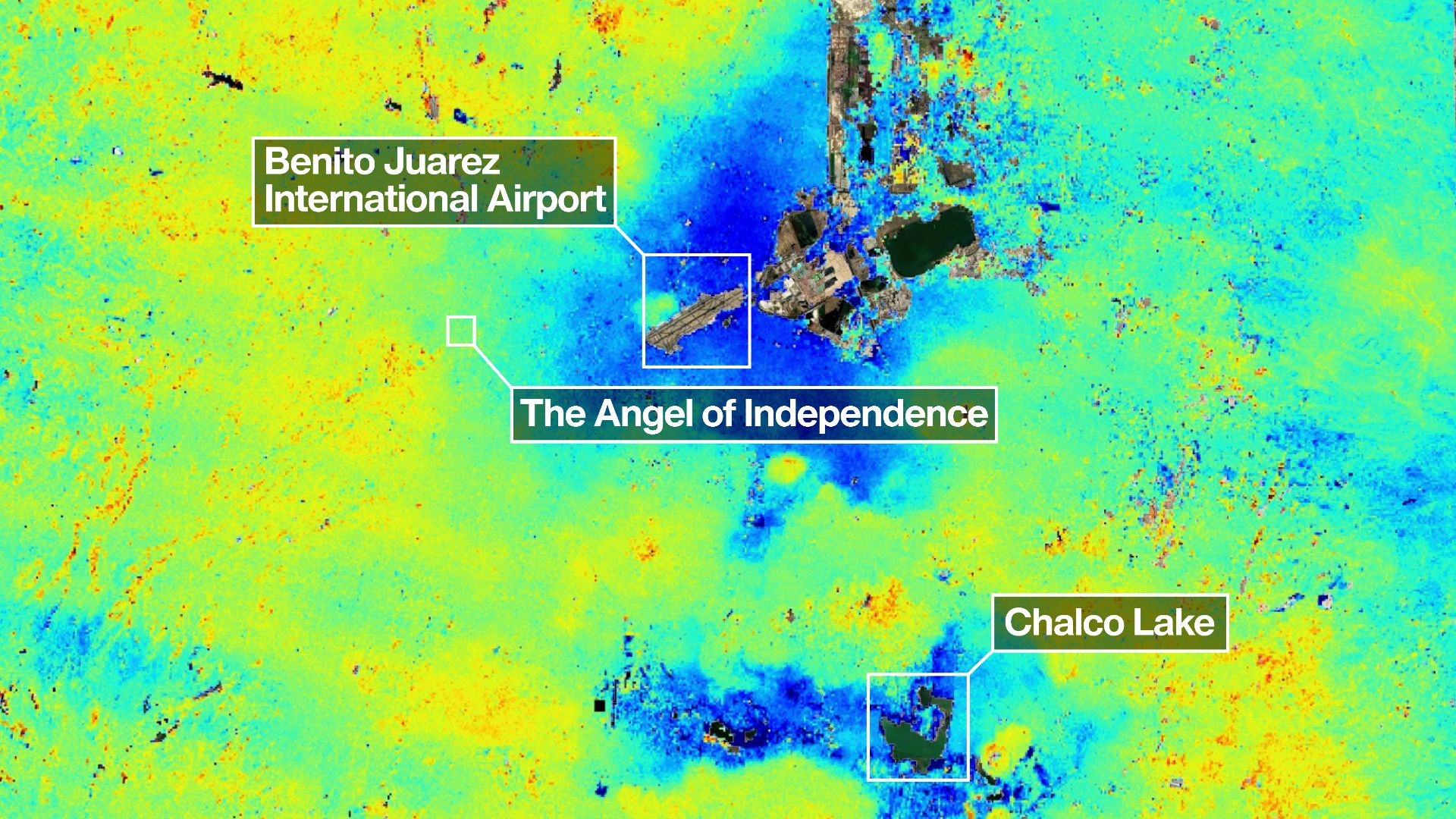 A bright green view of Mexico City with blue areas surrounding the airport and chalco lake. The angel of independence is also in a slightly blue area.