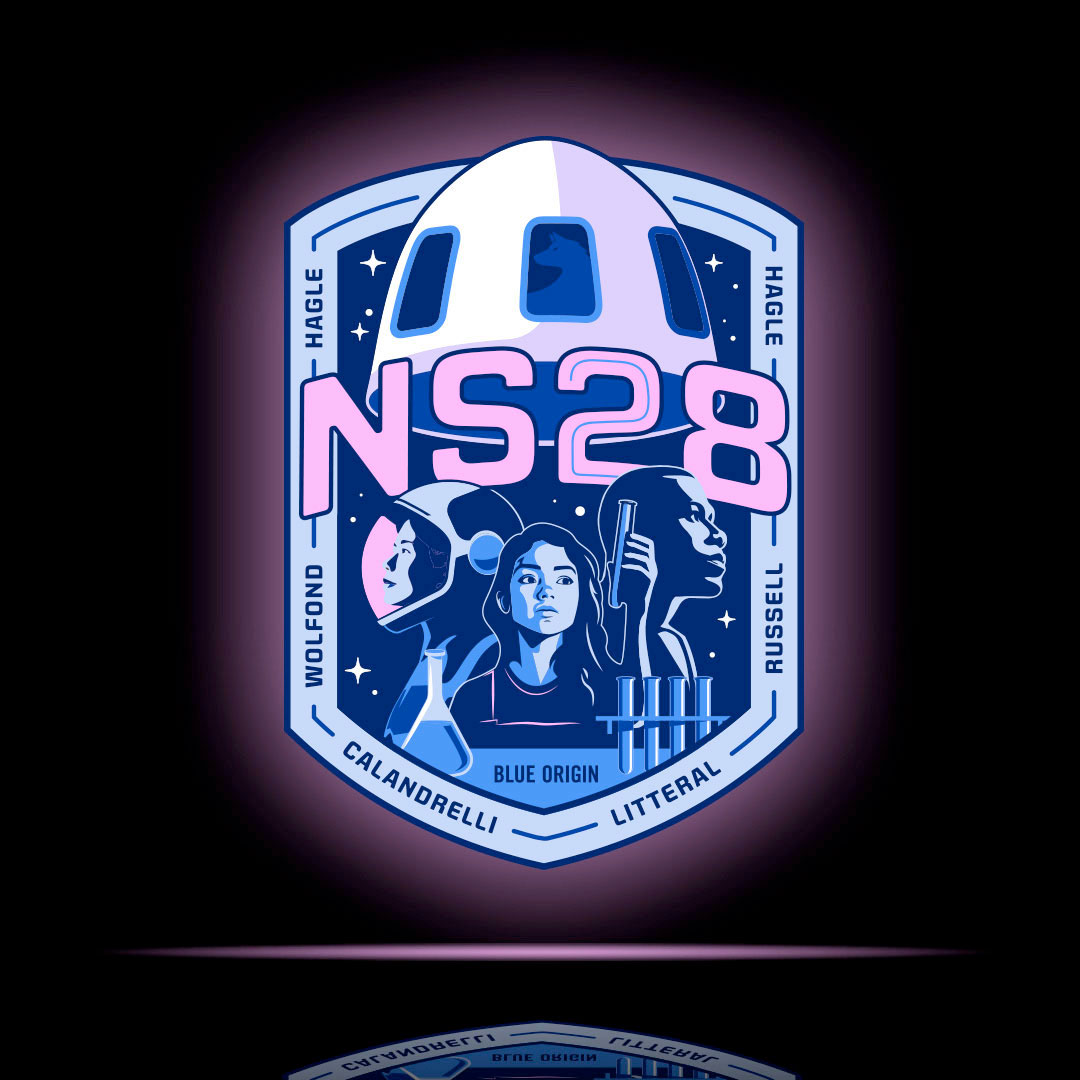 a blue, pink and white space missio patch showing a white space capsule above the text 