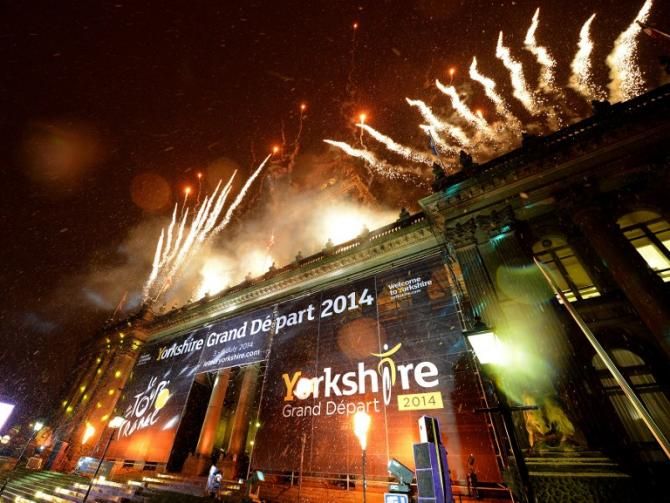 Fireworks burst over the Leeds Town Hall following the press conference to announce the opening stages of the 2014 Tour de France.