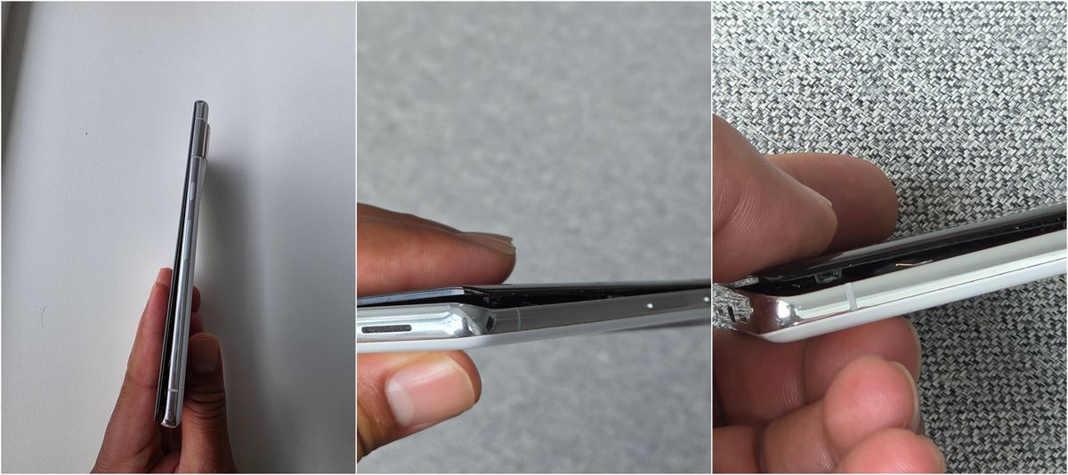 Image showcasing a swollen Pixel 7 Pro from various angles