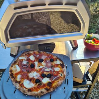 Pizza that was cooked in the Ooni Karu 16 Multi-Fuel Pizza Oven