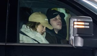 Actress Madelyn Cline and comedian/actor Pete Davidson are seen leaving Pete Davidson's comedy show on January 28, 2024 in Philadelphia, Pennsylvania.