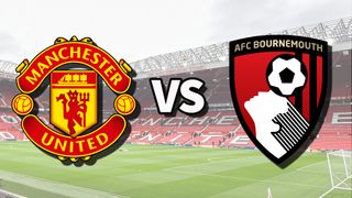 The Manchester United and AFC Bournemouth club badges on top of a photo of Old Trafford stadium in Manchester, England