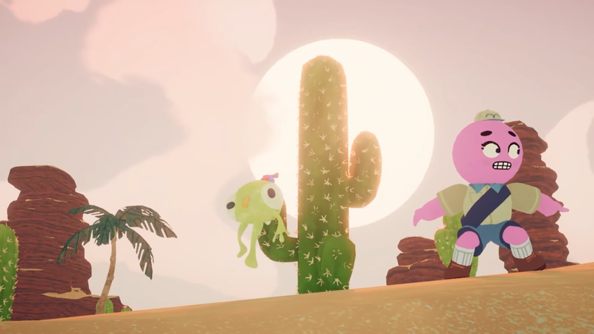 A scene from Peak's Mesa Update. A pink scout character grimaces after getting her plushie caught on a cactus under the glaring sun.
