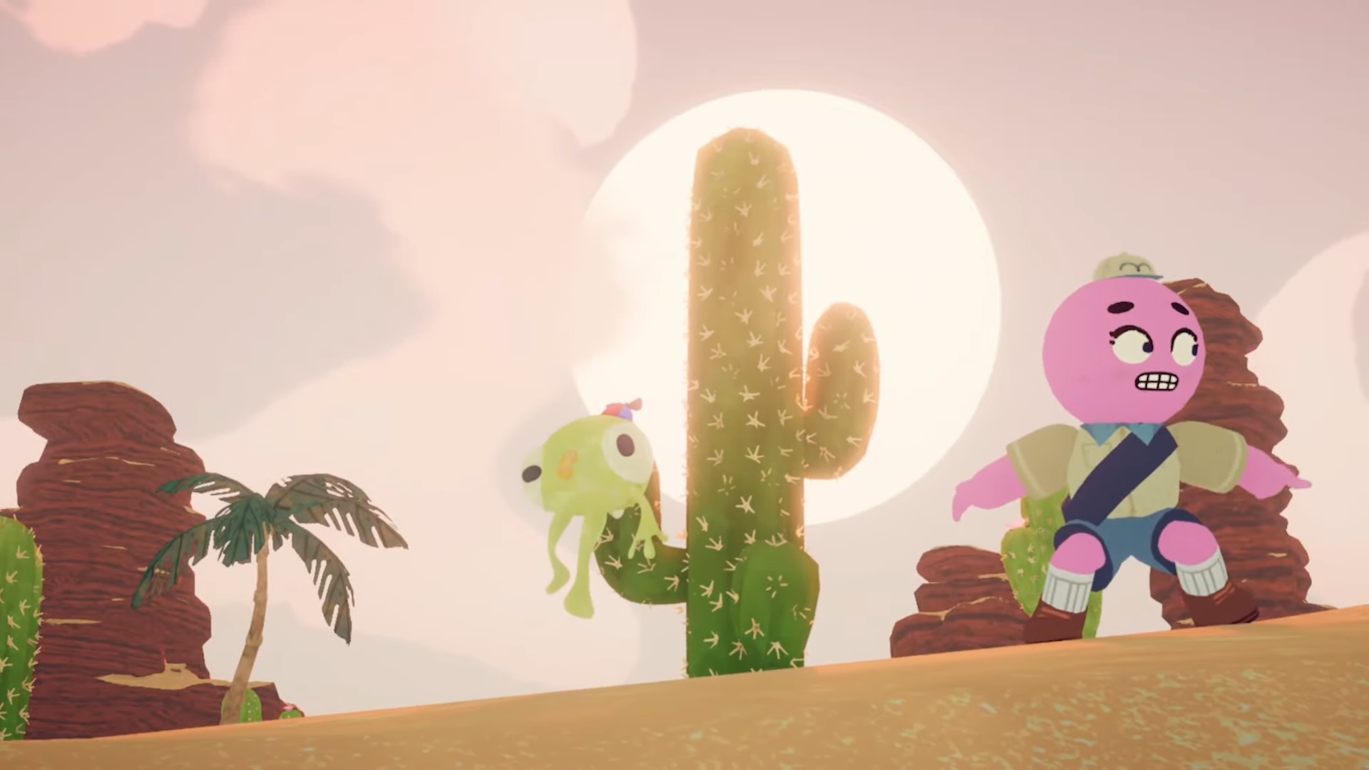 A scene from Peak&#039;s Mesa Update. A pink scout character grimaces after getting her plushie caught on a cactus under the glaring sun.