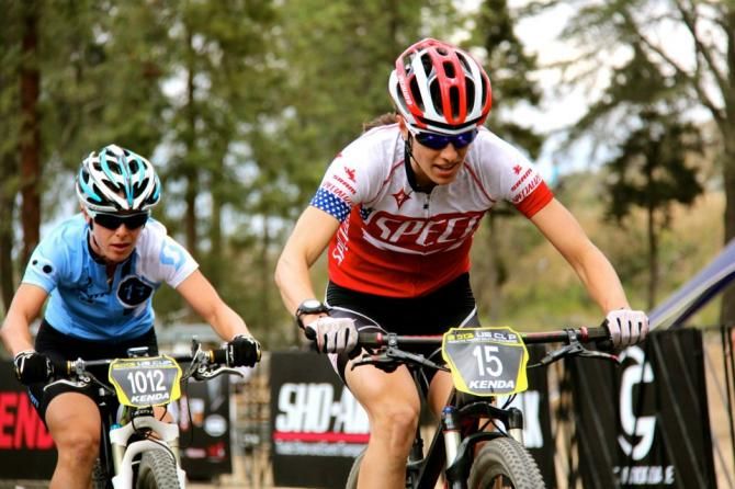 Eventual winner Lea Davison (Specialized) battles Chloe Woodruff (Crank Bros) in the women's short track at Fontana