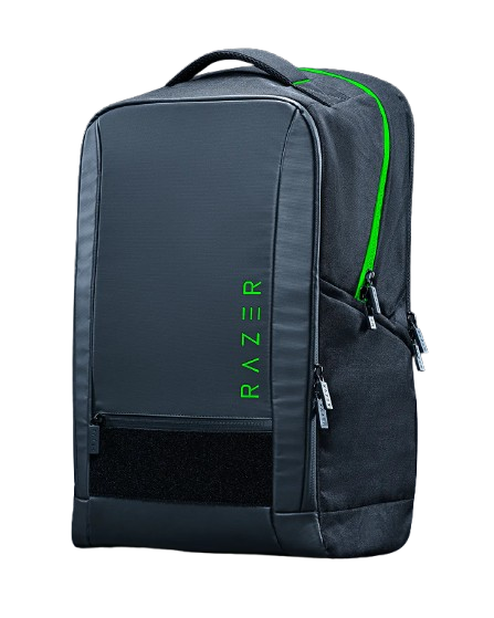 A black backpack with green accents and Razer logo