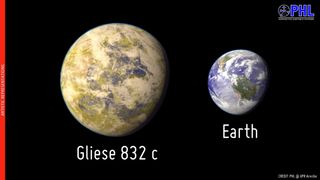 This artist's illustration compares the size of potentially habitable exoplanet Gliese 832 c to that of Earth. The exoplanet may be larger if composed of gas/ice. Image released June 24, 2014.