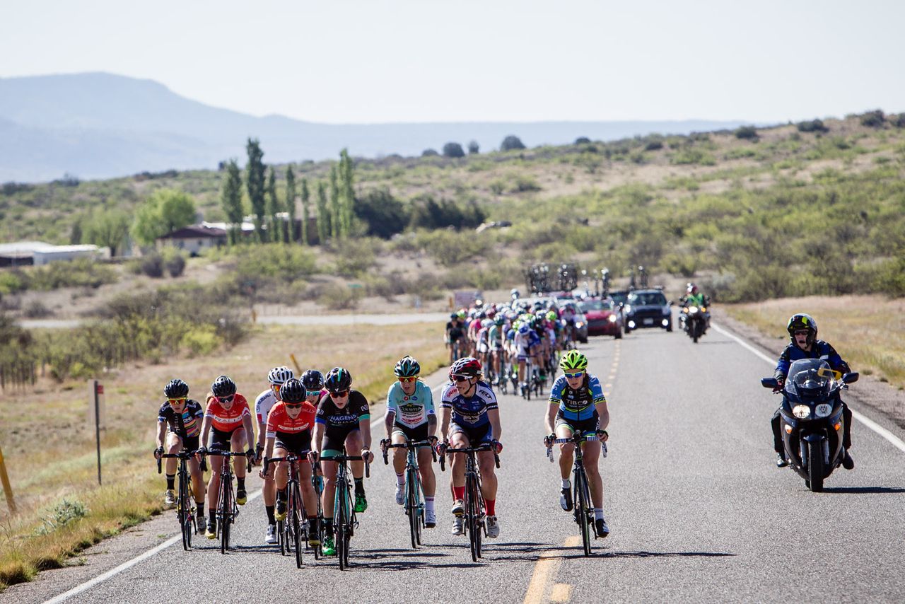 Riders in the break sit up as the peloton closes in. Linda Villumsen (UnitedHealthcare) works on the front of the field