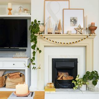 Neutral living room with fireplace