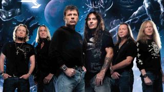 Iron Maiden against a space-style background