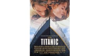 Film poster for Titanic featuring Jack and Rose above the stern of a ship