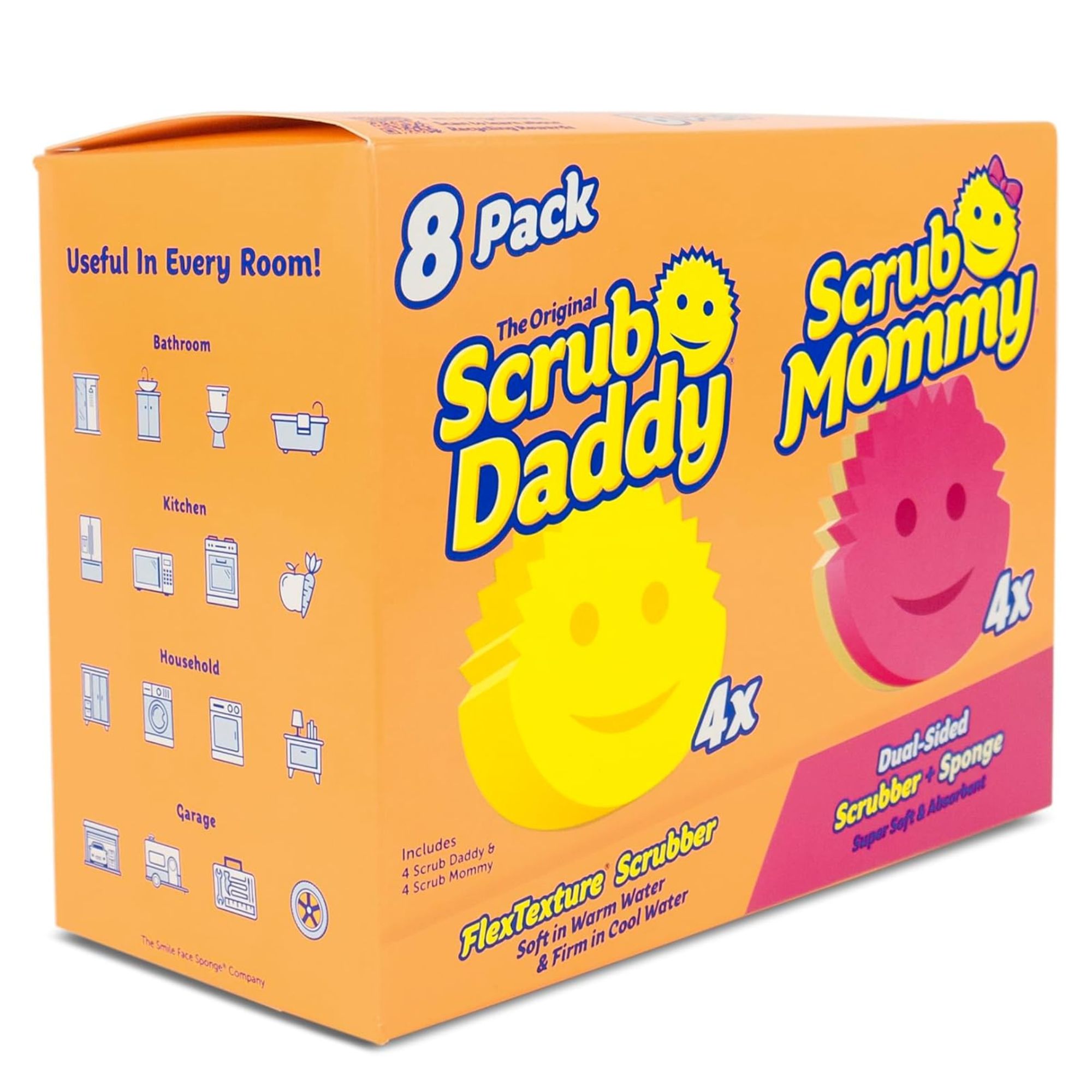 8 pack of Scrub Daddy and Scrub Mommy sponges against white background