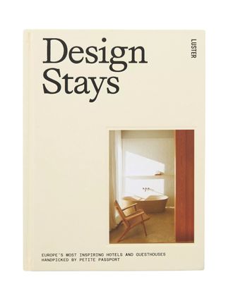 Design Stays' Book Cover in cream, with black titling, cream background, and a sun-lit hotel bathroom.