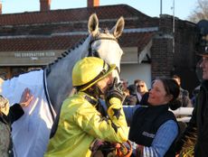 The Emma Lavelle-trained My Silver Lining wins the Wigley Group Classic Chase at Warwick for jockey James Best and groom Phoebe Hewick.