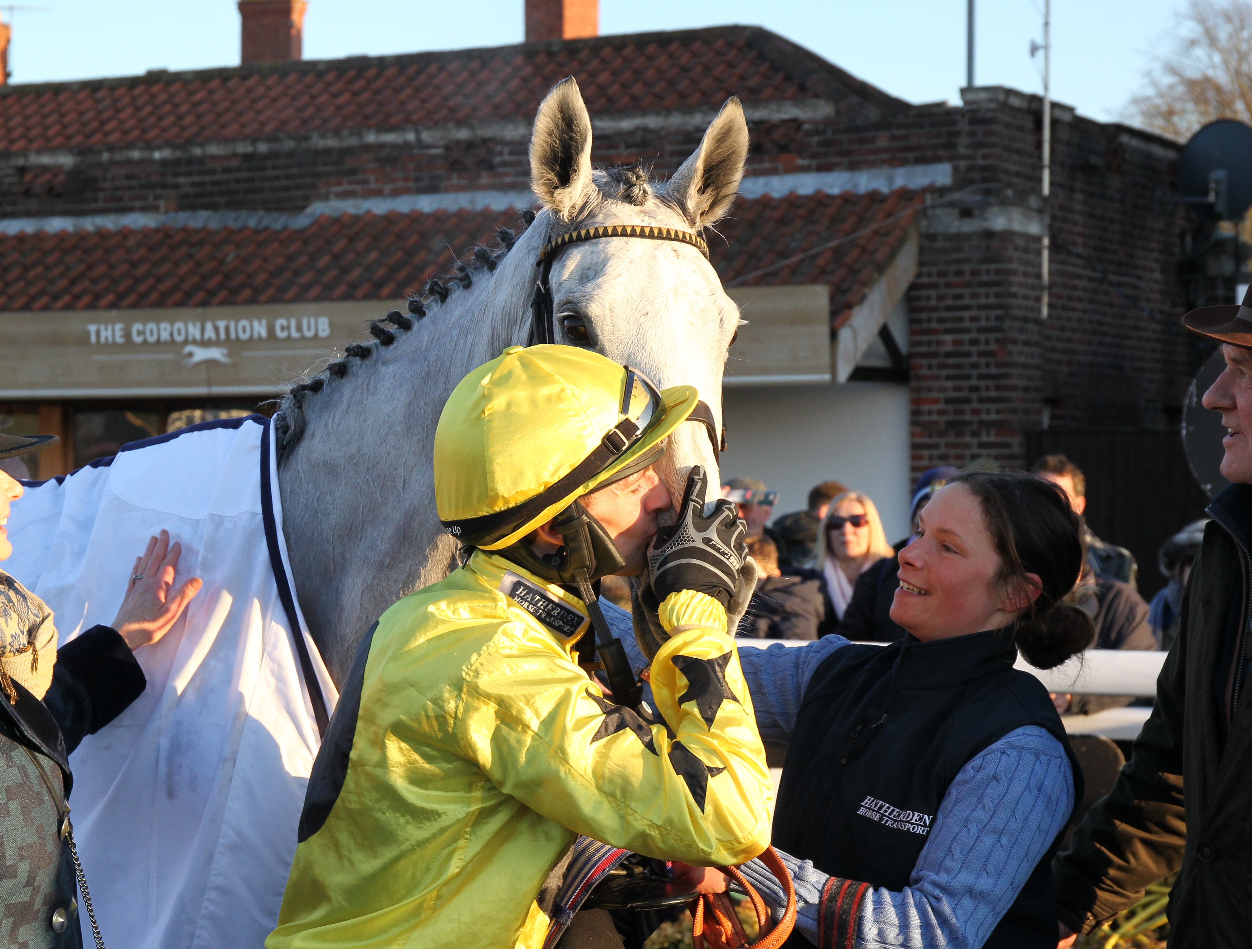 The Emma Lavelle-trained My Silver Lining wins the Wigley Group Classic Chase at Warwick for jockey James Best and groom Phoebe Hewick.