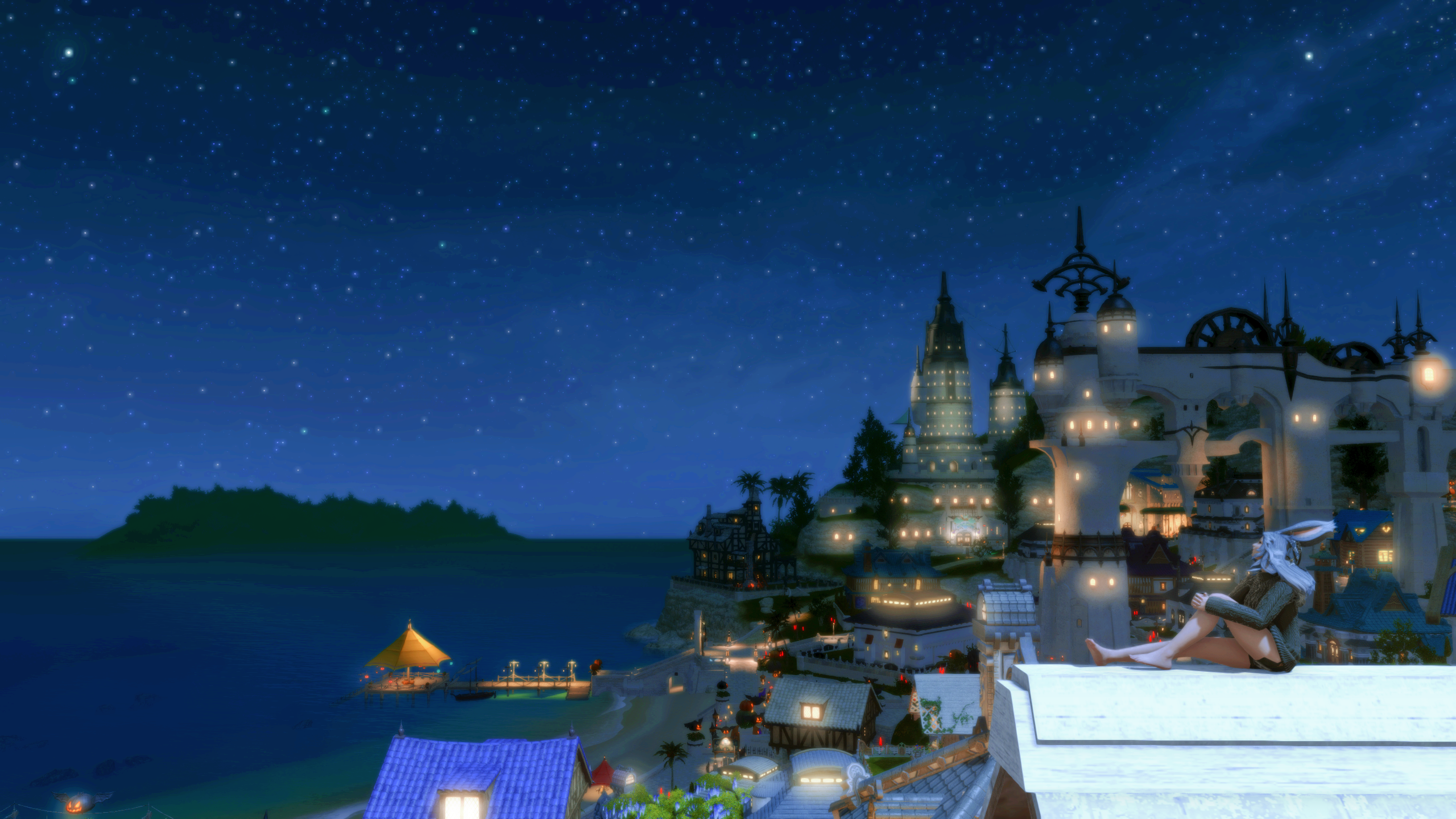 Final Fantasy 14 housing, with a viera sat on top of the house roof