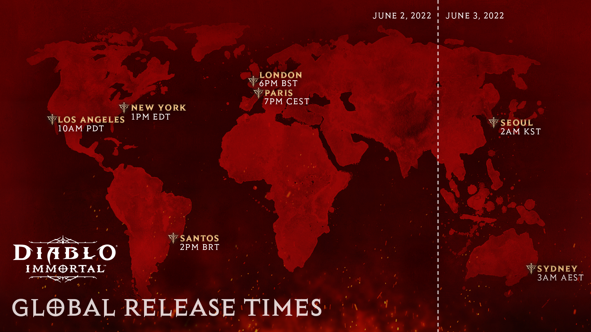 Une carte infographique indiquant la date de sortie de Diablo Immortal par fuseau horaire.