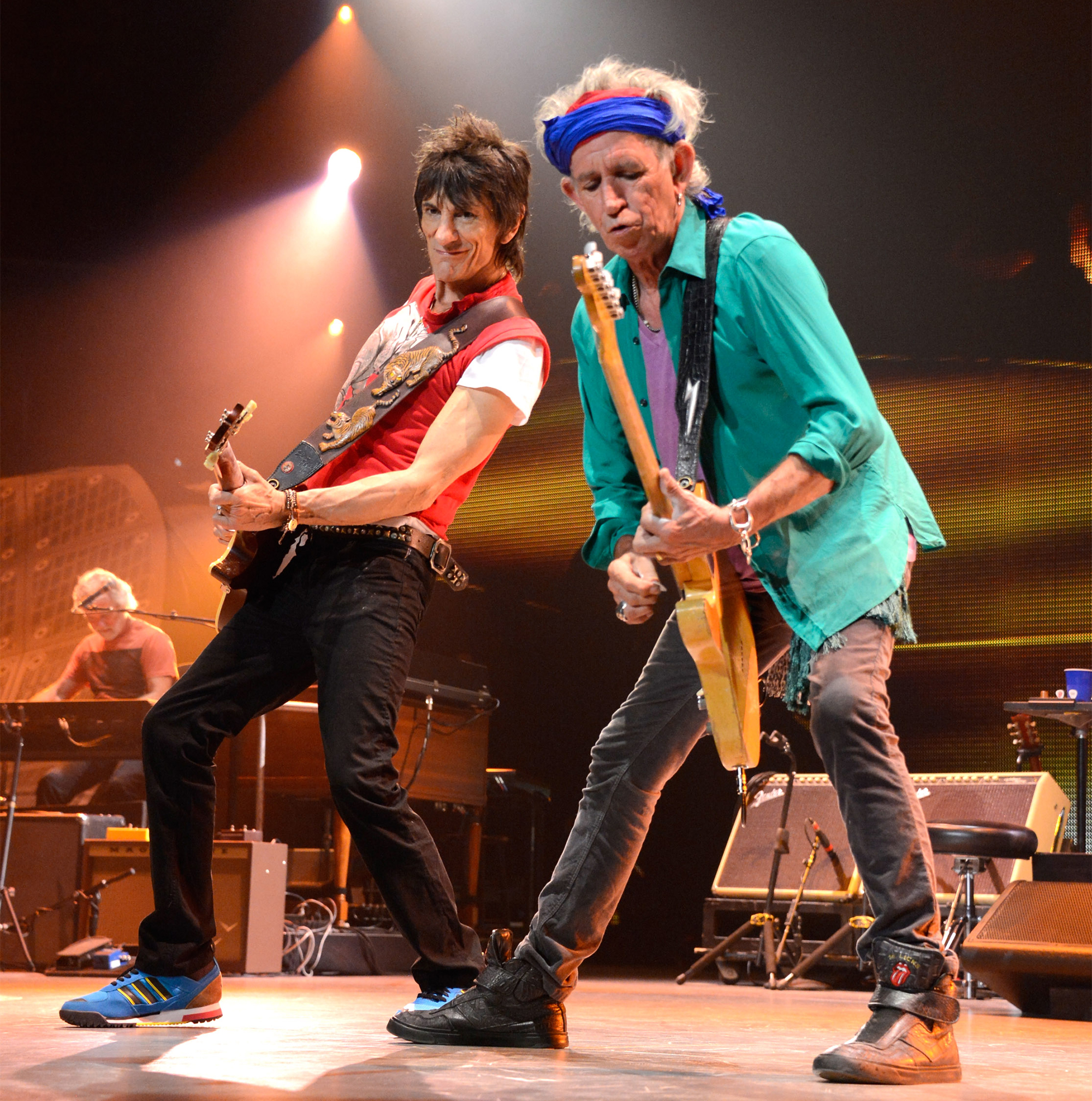 Ronnie Wood and Keith Richards perform during The Rolling Stones "50 & Counting" tour at Staples Center on May 20, 2013 in Los Angeles, California.