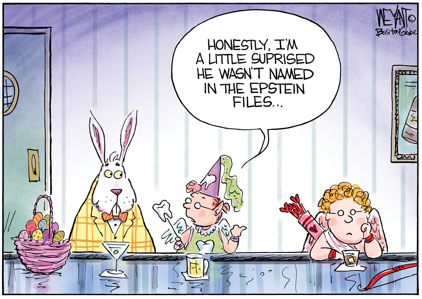 The Easter Bunny, Tooth Fairy, and Cupid sit at a bar. The Tooth Fairy points at Cupid and says to the Easter Bunny, &amp;ldquo;Honestly, I&amp;rsquo;m a little surprised he wasn&amp;rsquo;t named in the Epstein Files.&amp;rdquo;