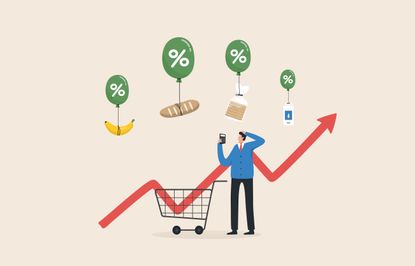 An illustrated image of a shopping cart, an upward arrow, and food goods