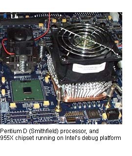 The Smithfield validation was conducted over a period of nine months involving tests with about 1000 applications and 250 peripheral makers. 200 Intel engineers participated and invested about 200 man months of work. Grilley said tests with Smithfield ran surprisingly well: "We were completely amazed by the chip. Within a few days we had several operating systems booting." A validation time of nine months however is relatively short in comparison, indicating not only less bugs but also increased time pressure to commercialize the chip. According to Grilley, a typical processor validation takes about 18 months time: For example, the first Pentium 4 (Willamette core) consumed 1000 man months of work.