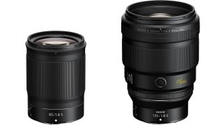 Nikon Z 85mm f/1.8 S and Nikon Z 135mm f/1.8 S Plena lenses side by side on a white background