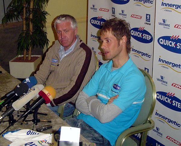 Boonen fields another question with manager Lefevere looking on