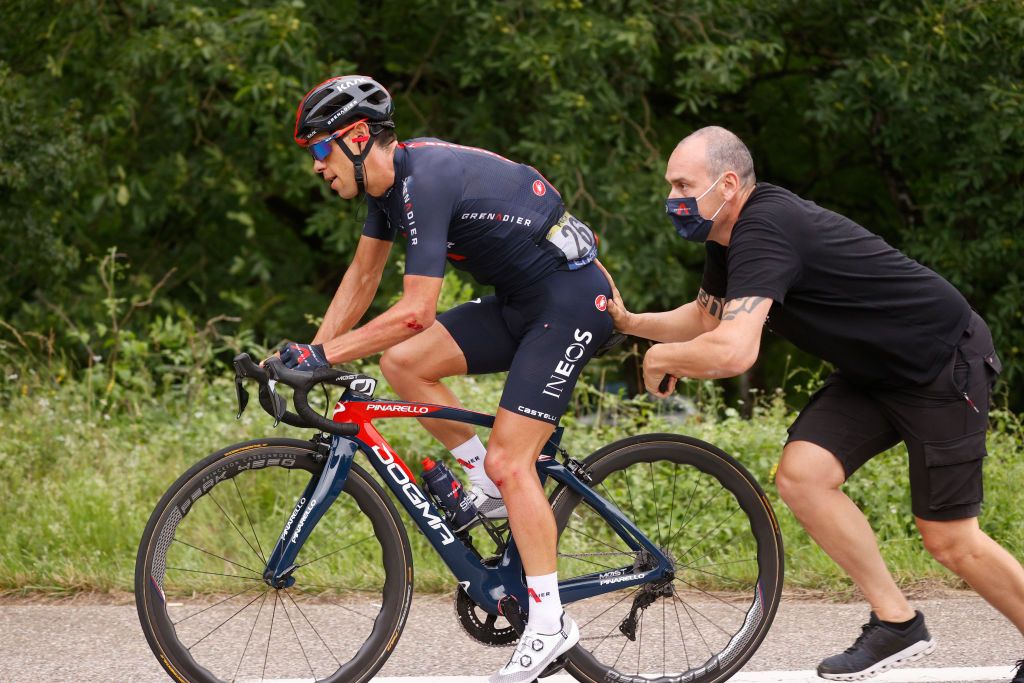 VALENCE FRANCE JULY 06 Richie Porte of Australia and Team INEOS Grenadiers suffers a mechanical problem during the 108th Tour de France 2021 Stage 10 a 1907km stage from Albertville to Valence LeTour TDF2021 on July 06 2021 in Valence France Photo by Chris GraythenGetty Images