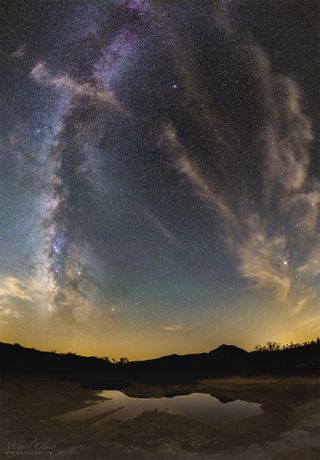 A mosaic of the bright Milky Way mixed with airglow and clouds above São Domingos Mine, at the Dark Sky Alqueva Reserve in Mértola, Portugal.