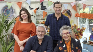 The Great American Baking Show: Celebrity Halloween judges Prue Leith and Paul Hollywood and hosts Casey Wilson and Andrew Rannells