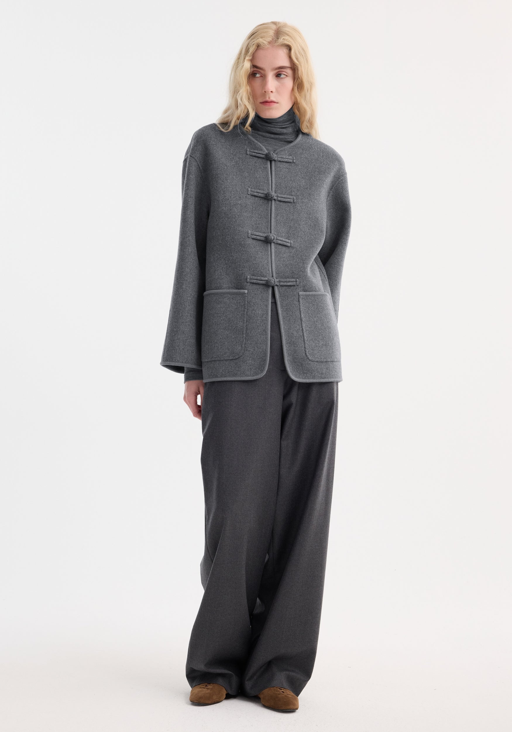 Mandarin Double-Faced Wool Jacket | Mid Grey Melange